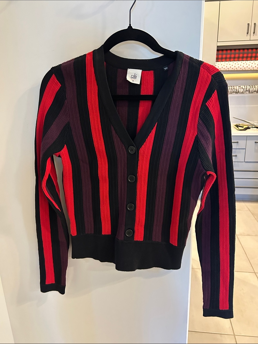 CAbi Ribbed V-Neck Cardigan in Black, Red & Purple